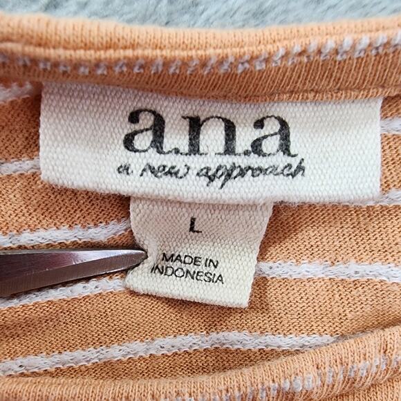 ANA Top Womens L Orange White Striped Scoop Neck Cap Sleeve Smocked Hem Stretch - Picture 3 of 8